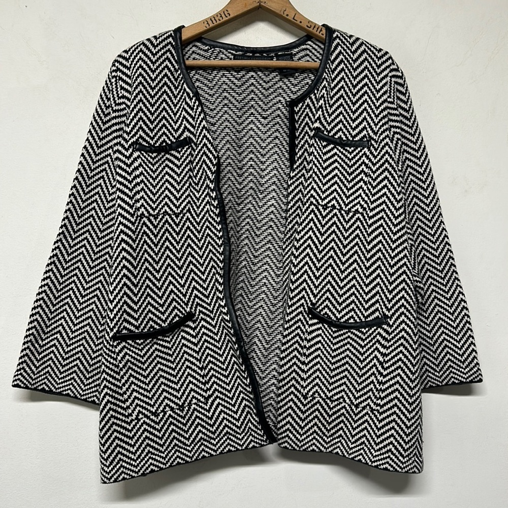 Preswick & Moore Black & White Chevron Cardigan Sweater Vegan Leather Trim